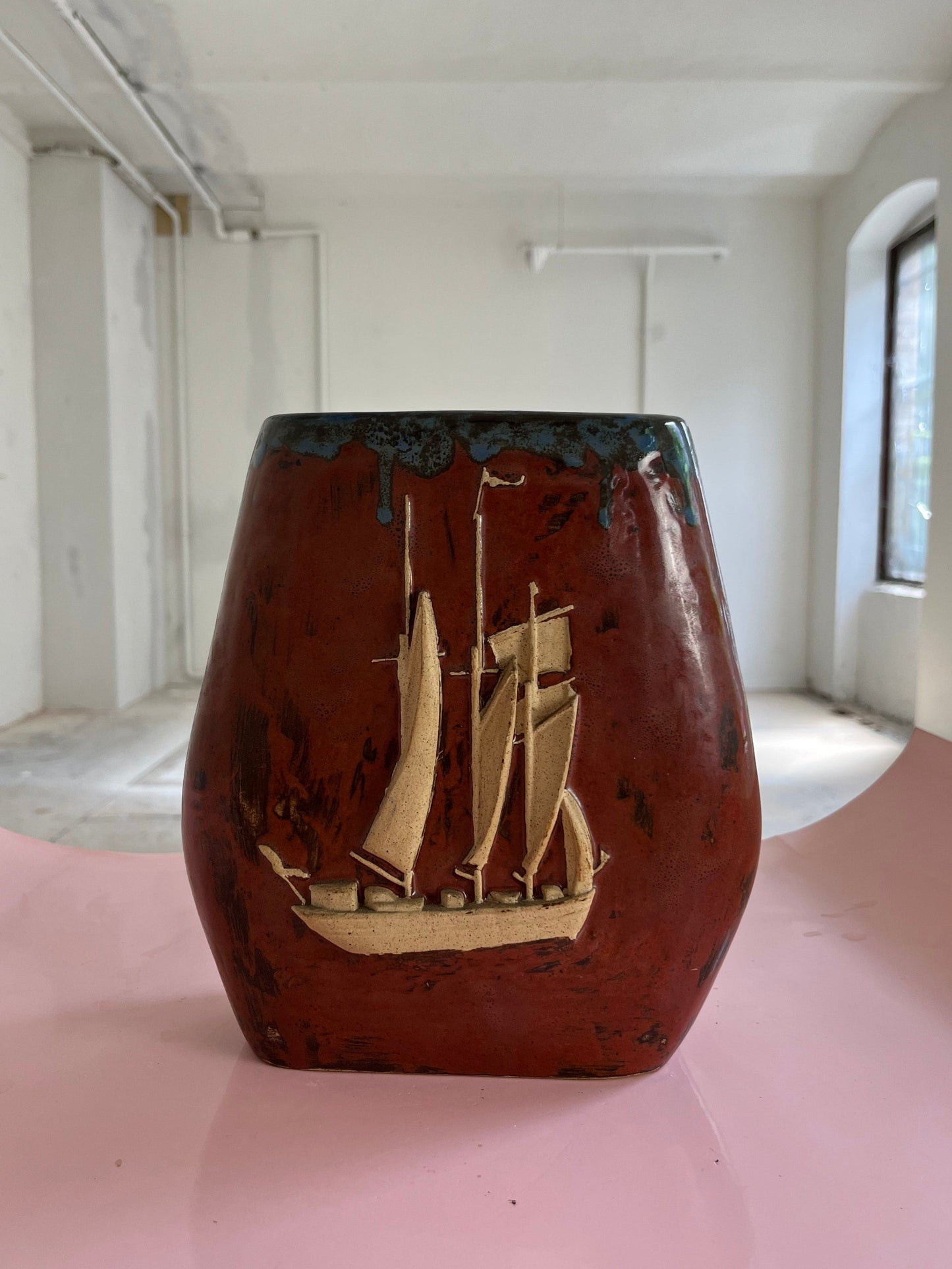 Vintage vase ship brown ceramic Denmark