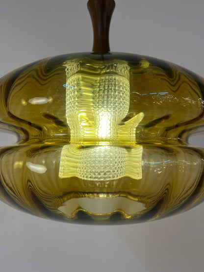 Vintage Hängelampe von Orrefors aus Glas und Teak