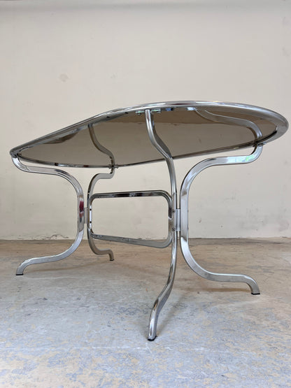 Vintage Ovaler Esstisch Chrom und Rauchglas von Gastone Rinaldi für Rima
