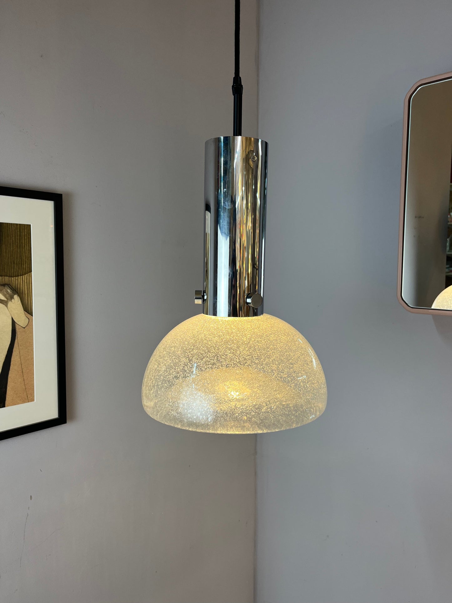 Vintage Hängelampe Chrom Eisglas von Herbert Proft für Glashütte Limburg