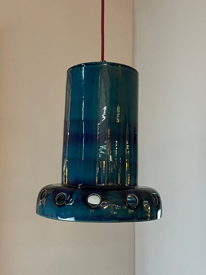 Lampe suspendue vintage en céramique bleue, poterie ouest-allemande