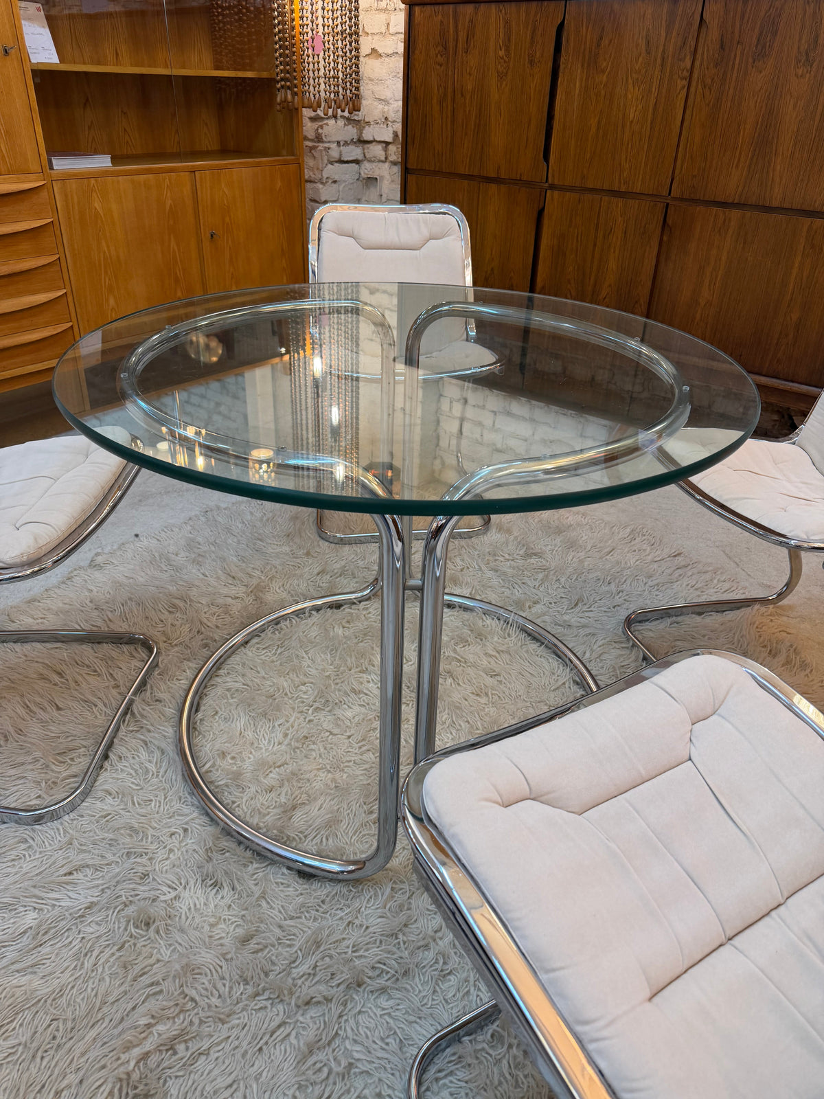 Vintage Esstisch Chrom und Glas Ø 99 cm Space Age Italien