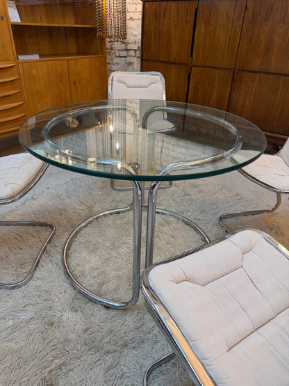 Vintage Esstisch Chrom und Glas Ø 99 cm Space Age Italien