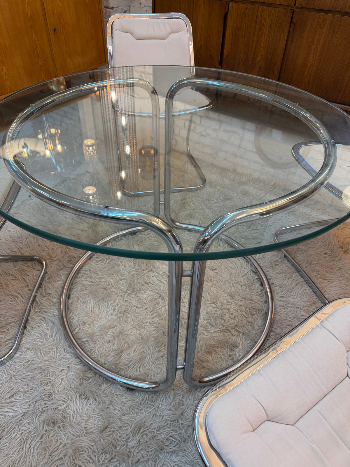 Vintage Esstisch Chrom und Glas Ø 99 cm Space Age Italien