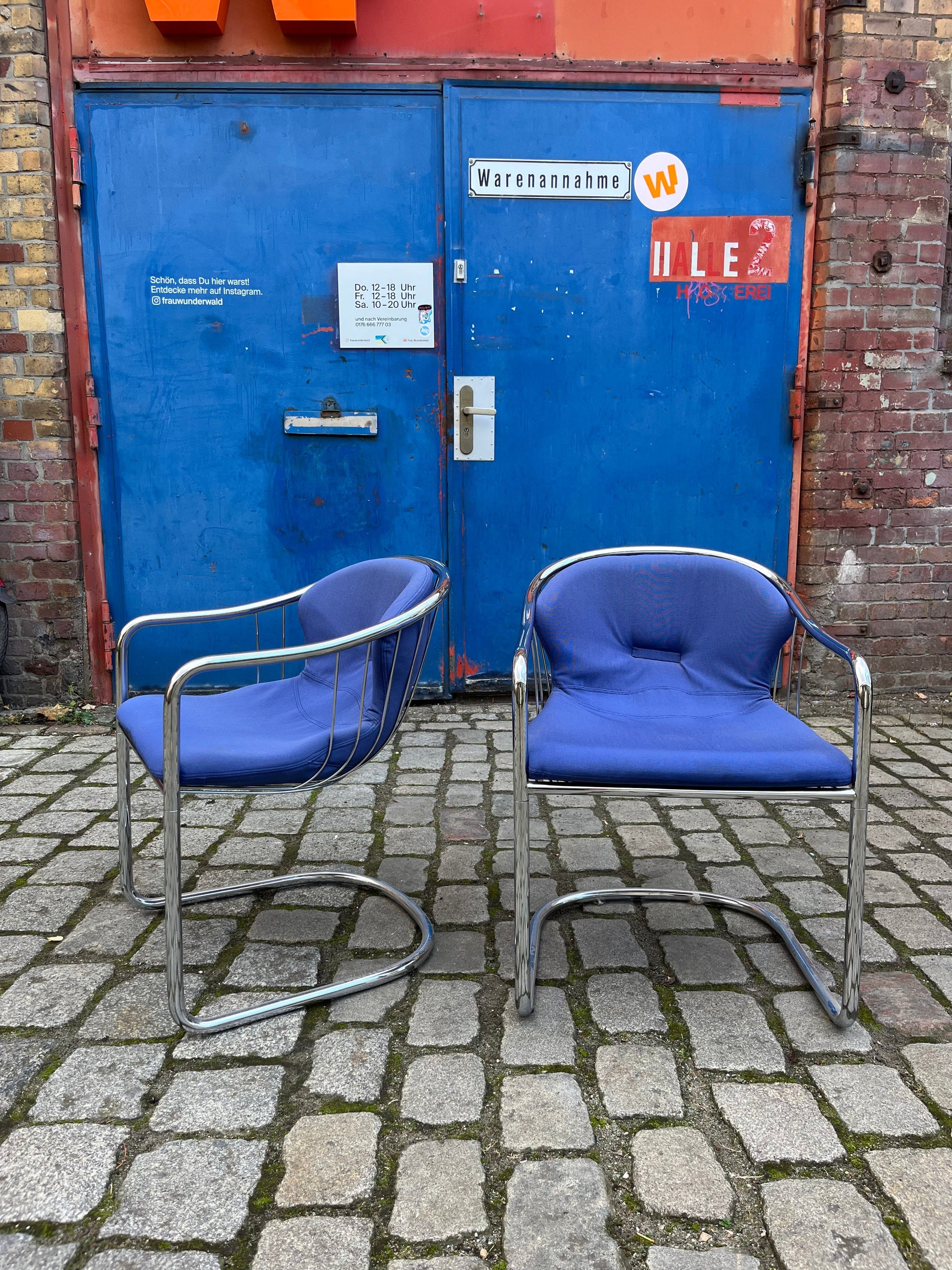 Vintage Freischwinger Chrom blau von Gastone Rinaldi für Alma Set von 2