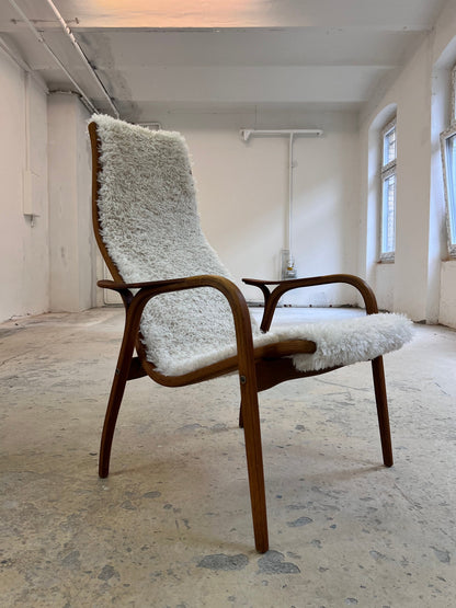 Vintage Sessel Lamino von Yngve Ekström für Swedese Kunstfellbezug beige, braun