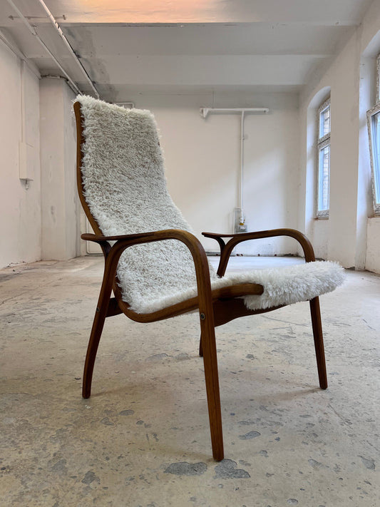 Vintage Sessel Lamino von Yngve Ekström für Swedese Kunstfellbezug beige, braun