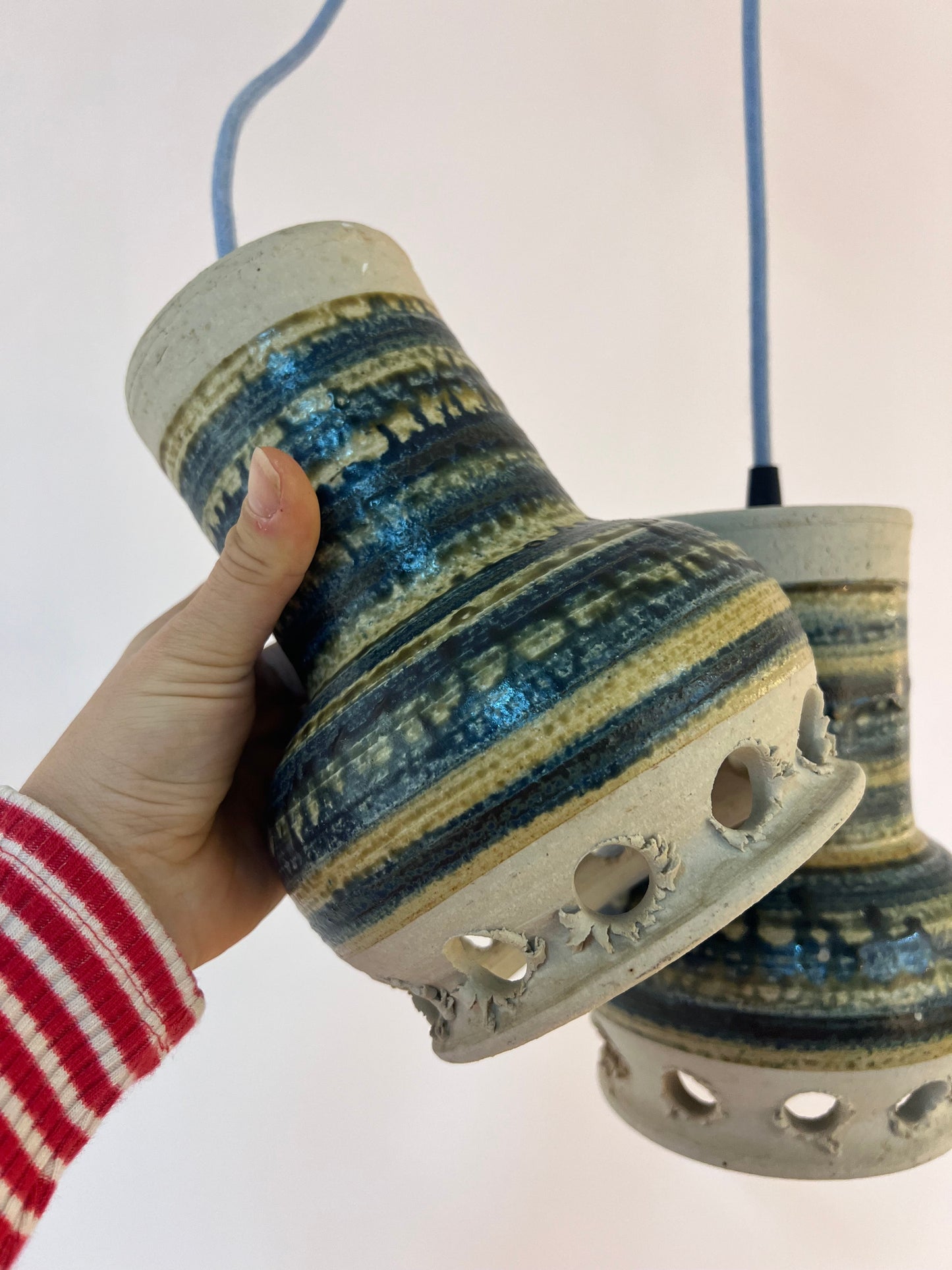 Vintage Hängelampe von Per Engstrøm für Keramik blau beige Keramikschirm