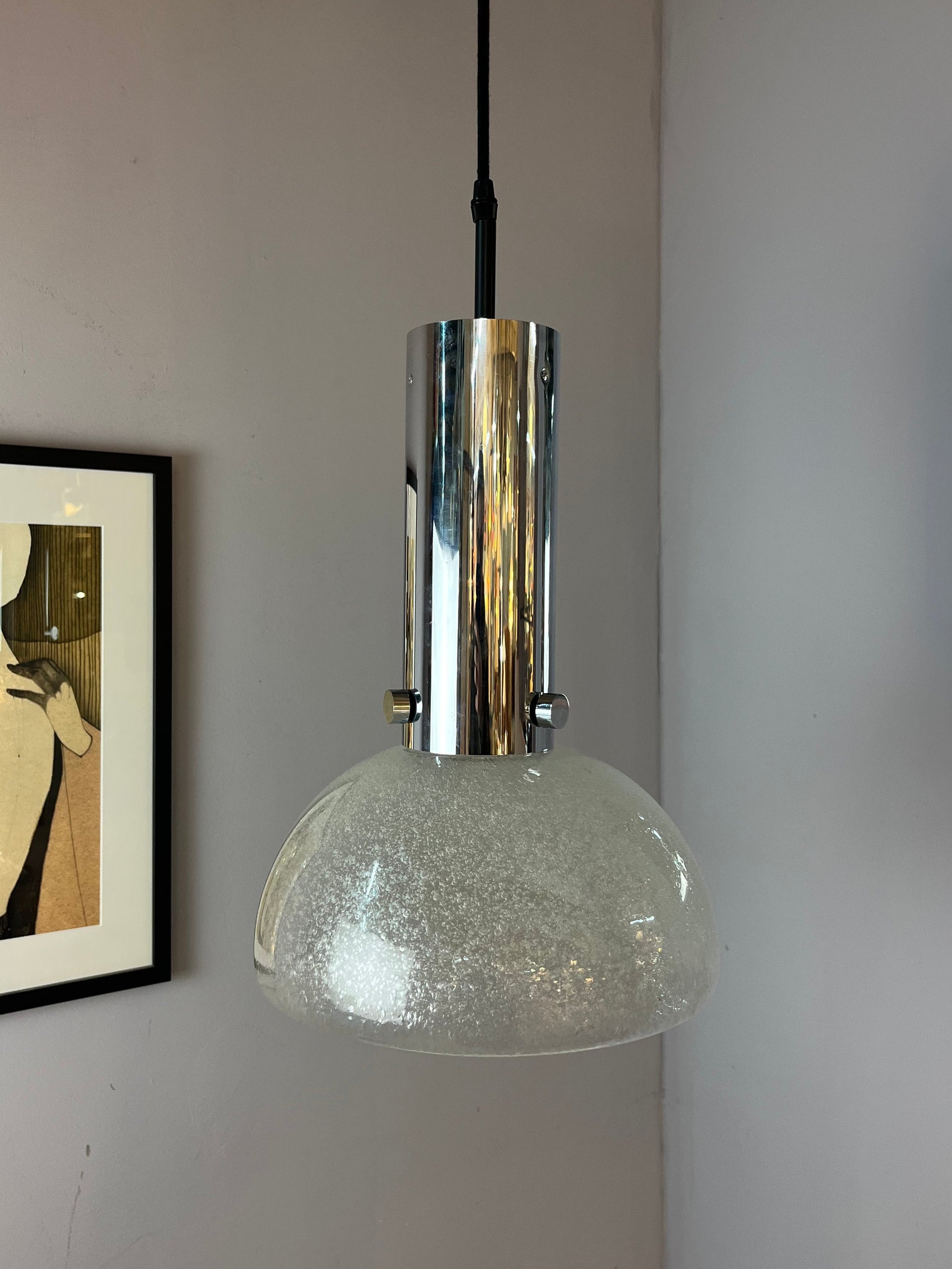 Vintage Hängelampe Chrom Eisglas von Herbert Proft für Glashütte Limburg