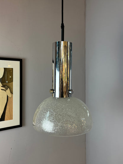Vintage Hängelampe Chrom Eisglas von Herbert Proft für Glashütte Limburg
