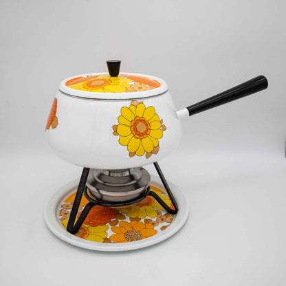 Vintage Fondue Set Emaille mit gelben und orangen Blumen