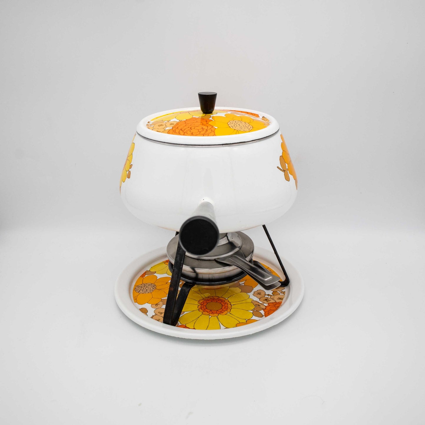 Vintage Fondue Set Emaille mit gelben und orangen Blumen
