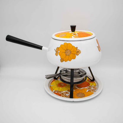 Vintage Fondue Set Emaille mit gelben und orangen Blumen