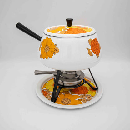 Vintage Fondue Set Emaille mit gelben und orangen Blumen