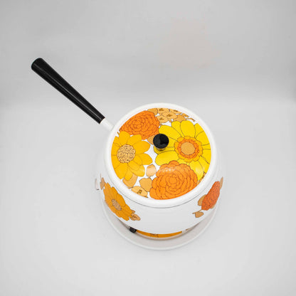 Vintage Fondue Set Emaille mit gelben und orangen Blumen
