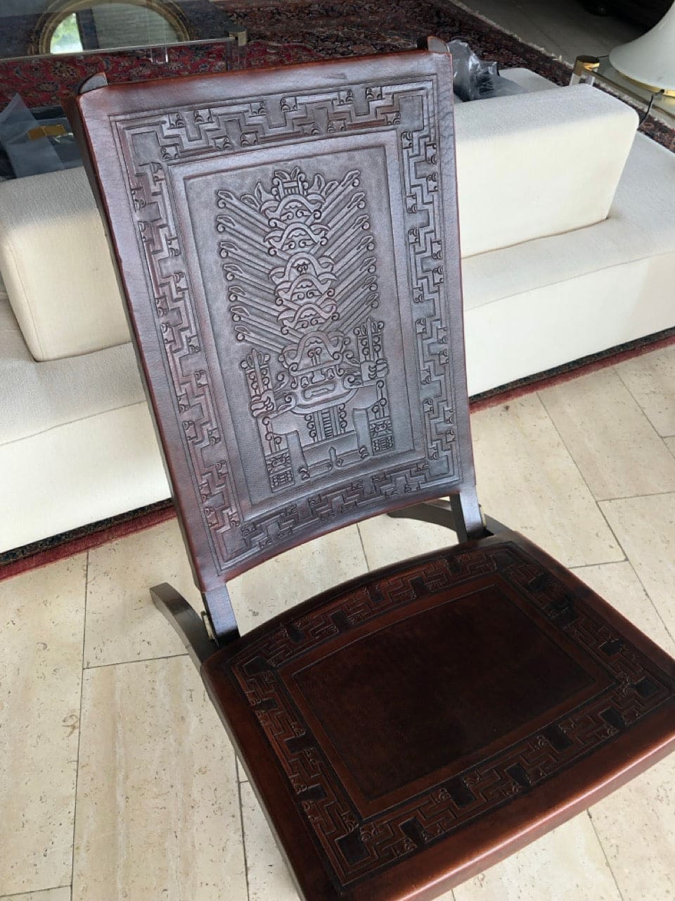 Vintage chair and table set with tooled leather