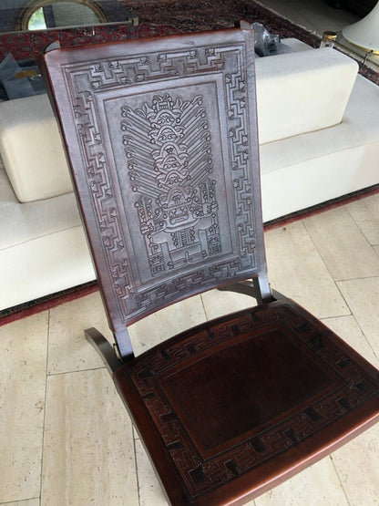 Vintage chair and table set with tooled leather