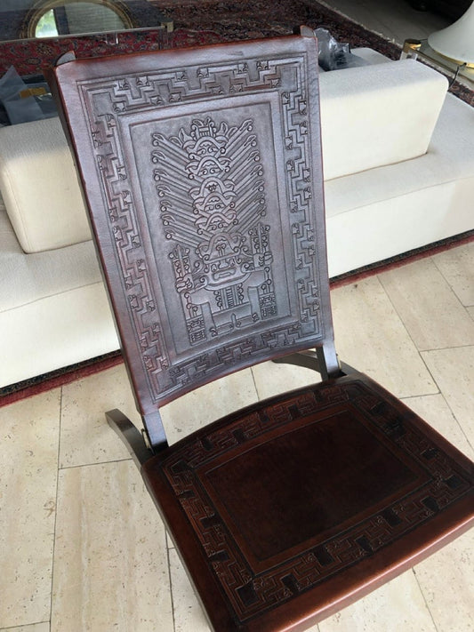 Vintage chair and table set with tooled leather