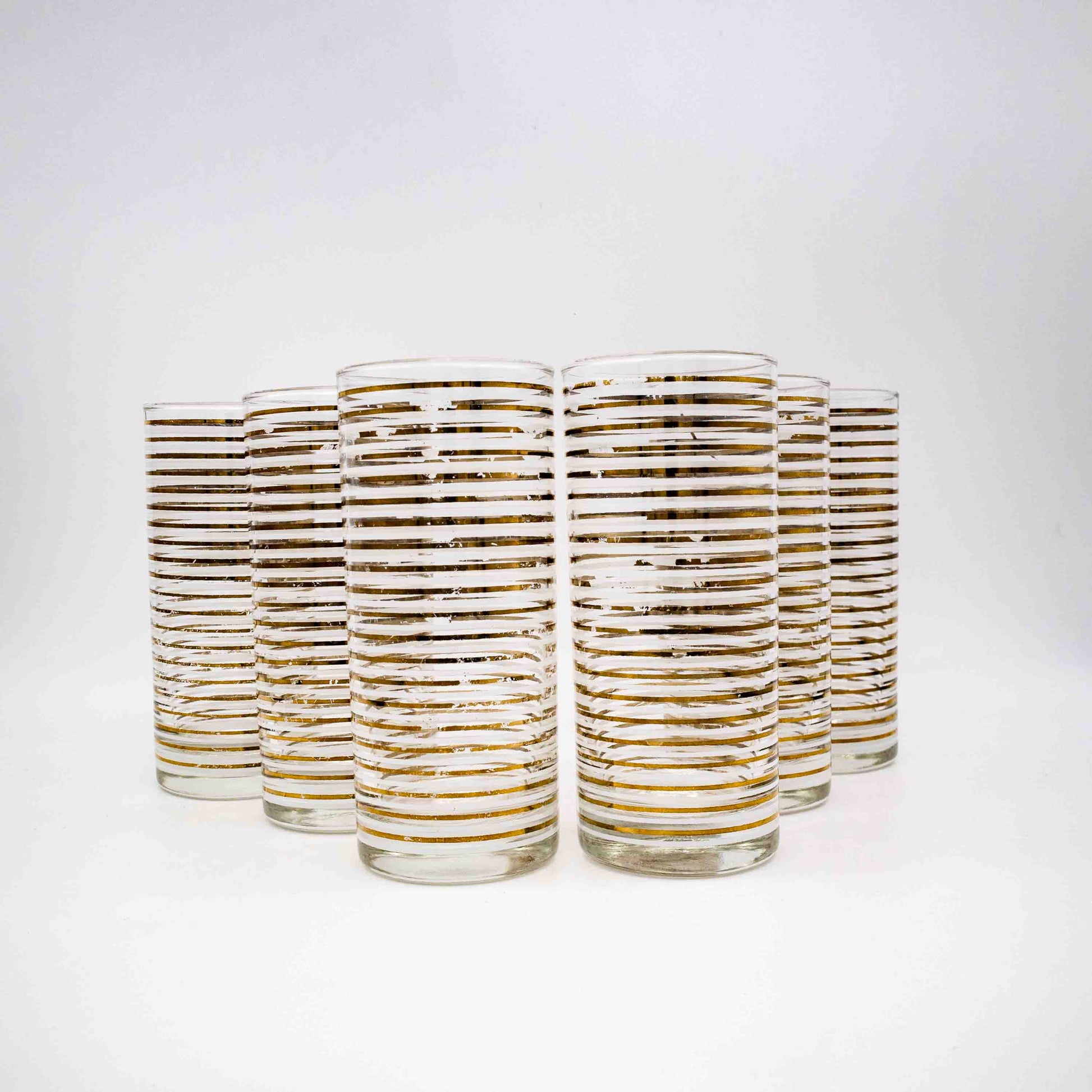 Set von 6 Vintage Longdrinkgläser, gold-weiß gestreift