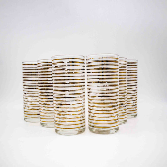 Set von 6 Vintage Longdrinkgläser, gold-weiß gestreift