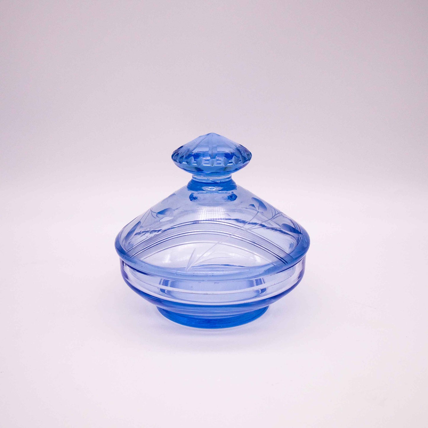 Vintage Art Déco Deckeldose aus hellblauem Glas