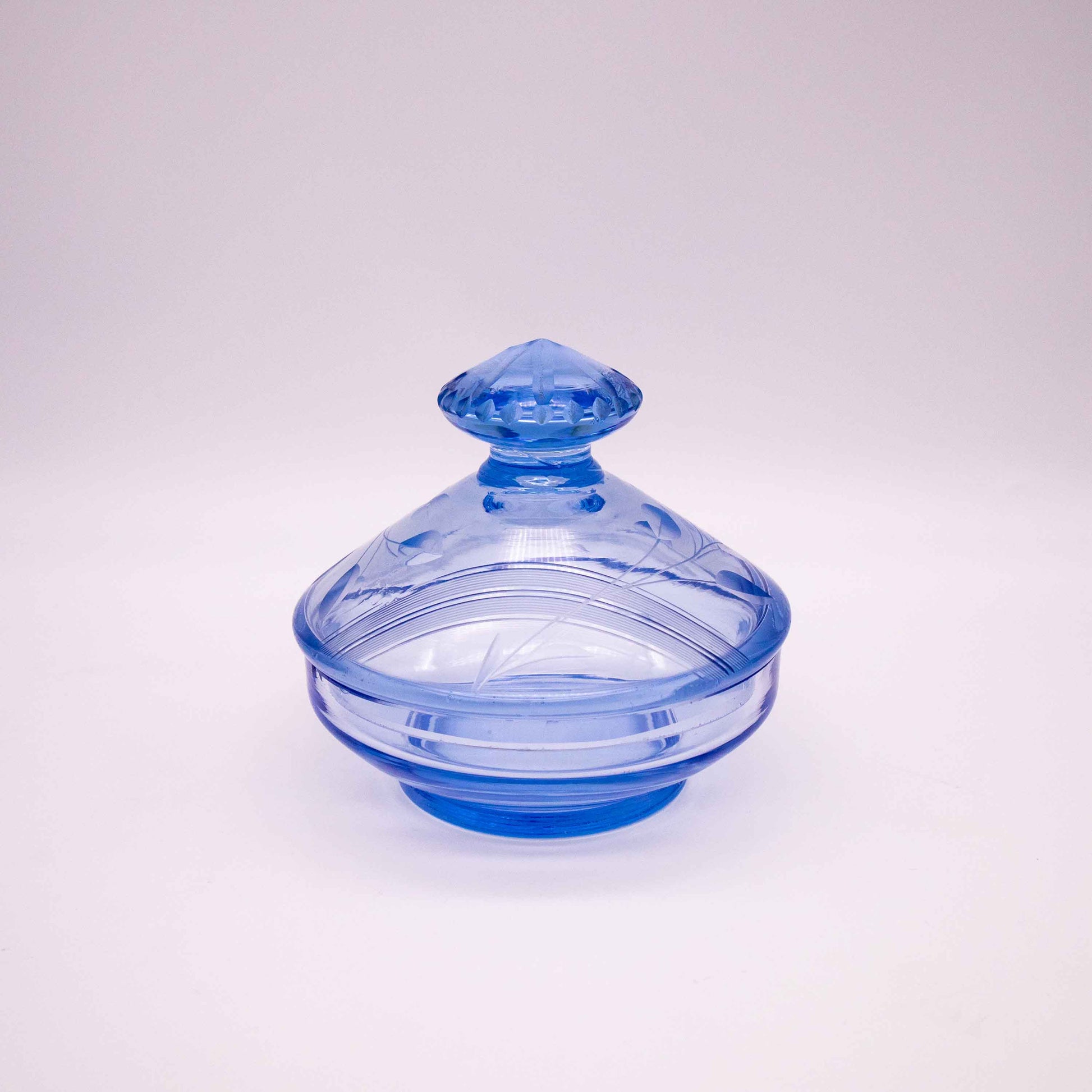 Vintage Art Déco Deckeldose aus hellblauem Glas