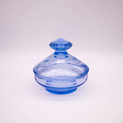Vintage Art Déco Deckeldose aus hellblauem Glas