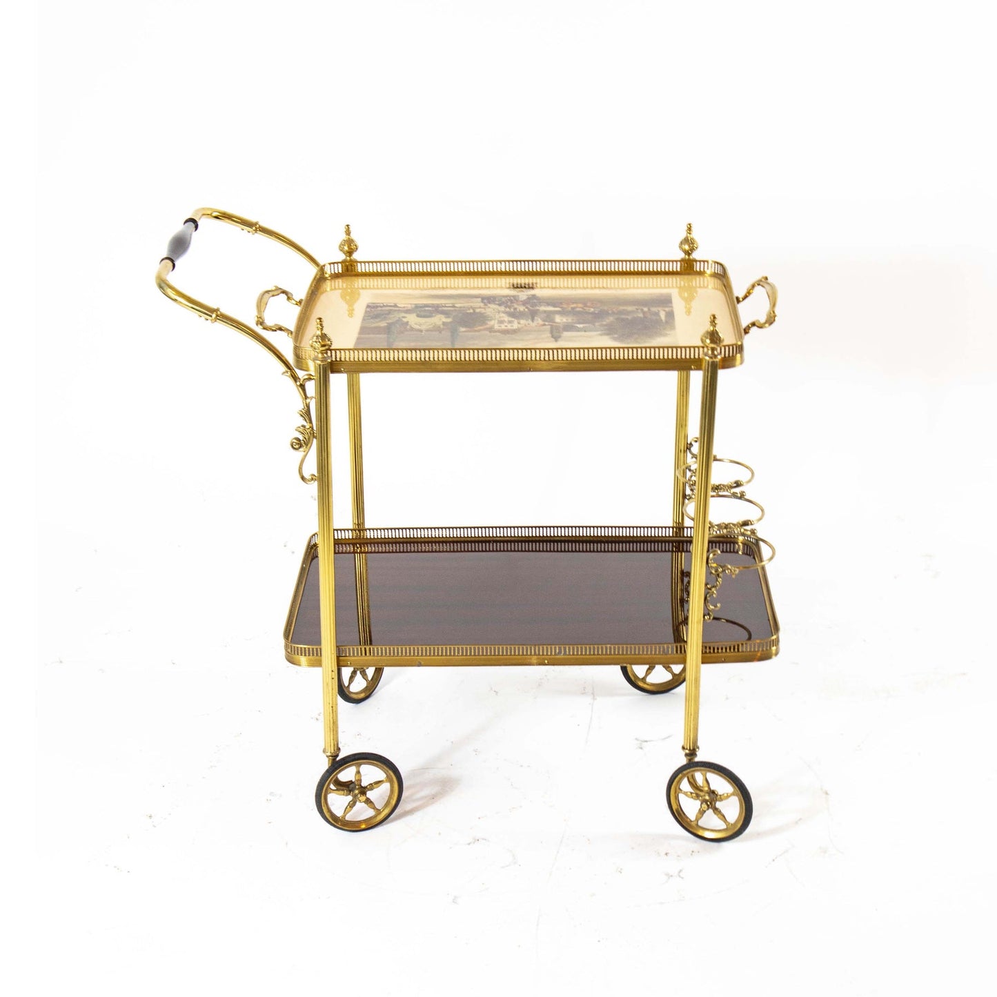Vintage serving trolley with removable brass tray