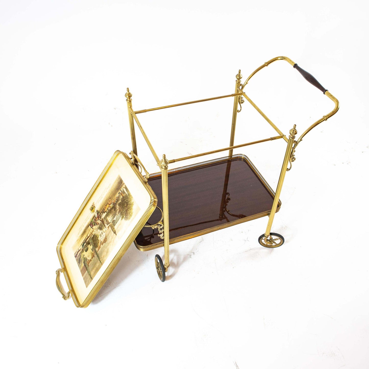 Vintage serving trolley with removable brass tray