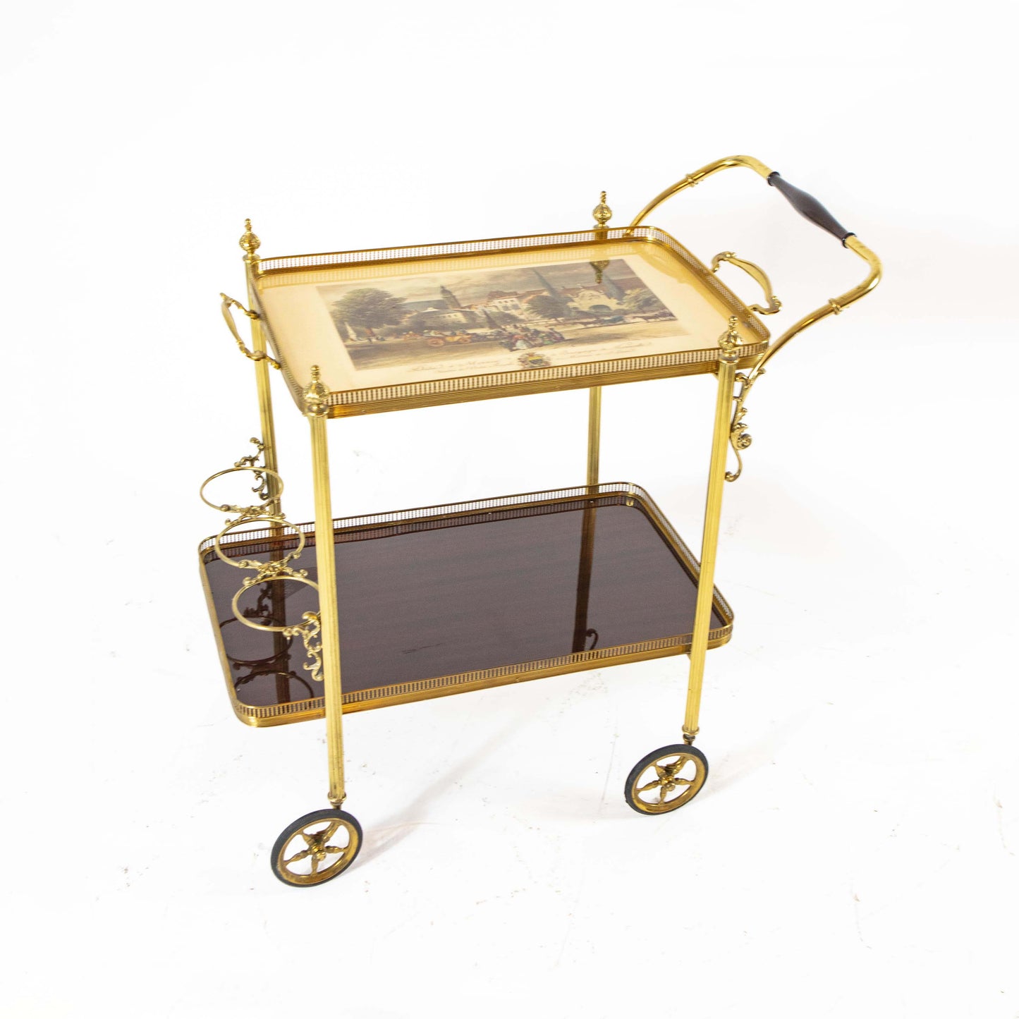 Vintage serving trolley with removable brass tray