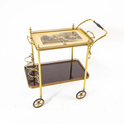 Vintage serving trolley with removable brass tray