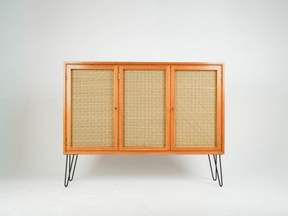 Vintage Teak Highboard Bar mit Rattaneinsätzen
