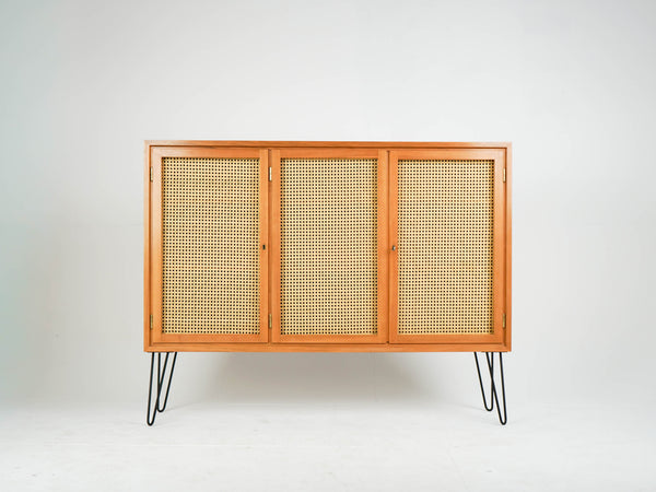Vintage Teak Highboard Bar mit Rattaneinsätzen