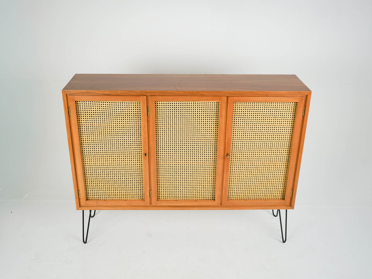 Vintage Teak Highboard Bar mit Rattaneinsätzen