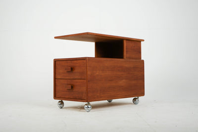 Vintage Teak Rolling Coffee Table with 2 Drawers and Shelf