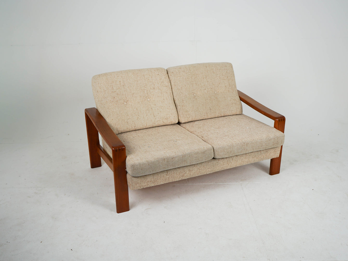 Vintage Sofa Teak Beige Mid-Century Wollstoff