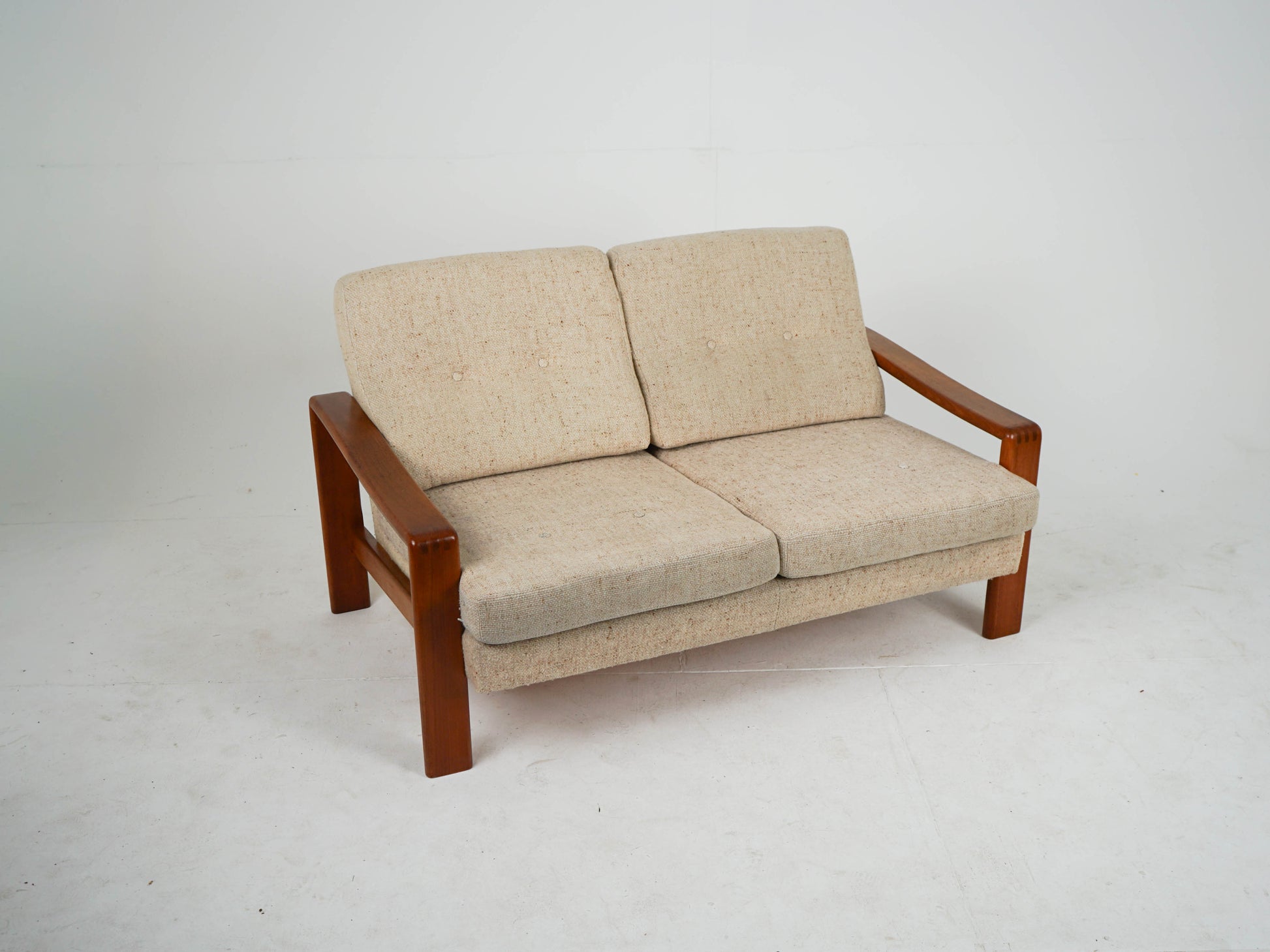 Vintage Sofa Teak Beige Mid-Century Wollstoff