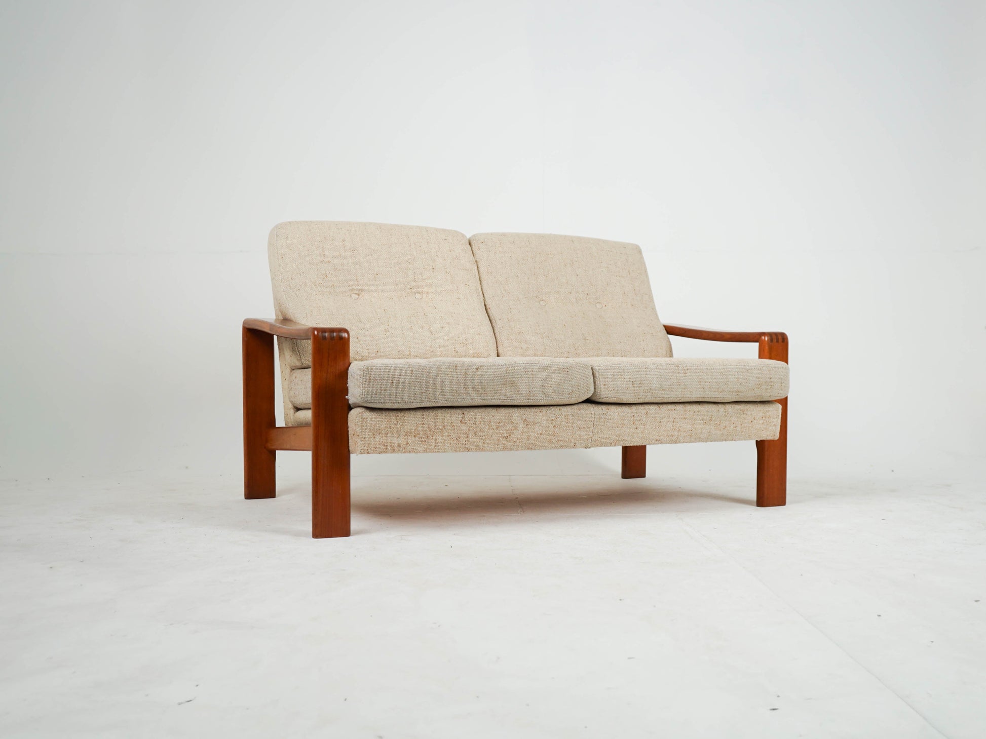 Vintage Sofa Teak Beige Mid-Century Wollstoff