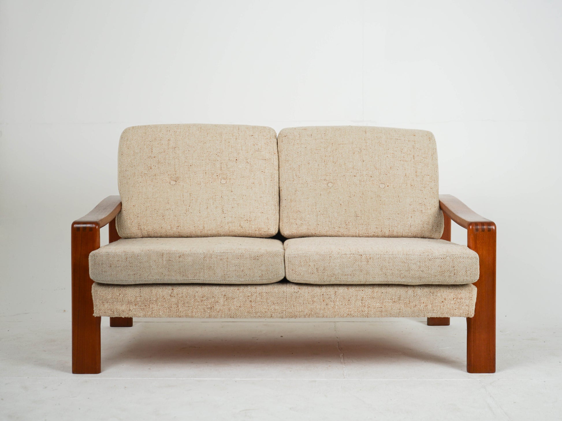 Vintage Sofa Teak Beige Mid-Century Wollstoff