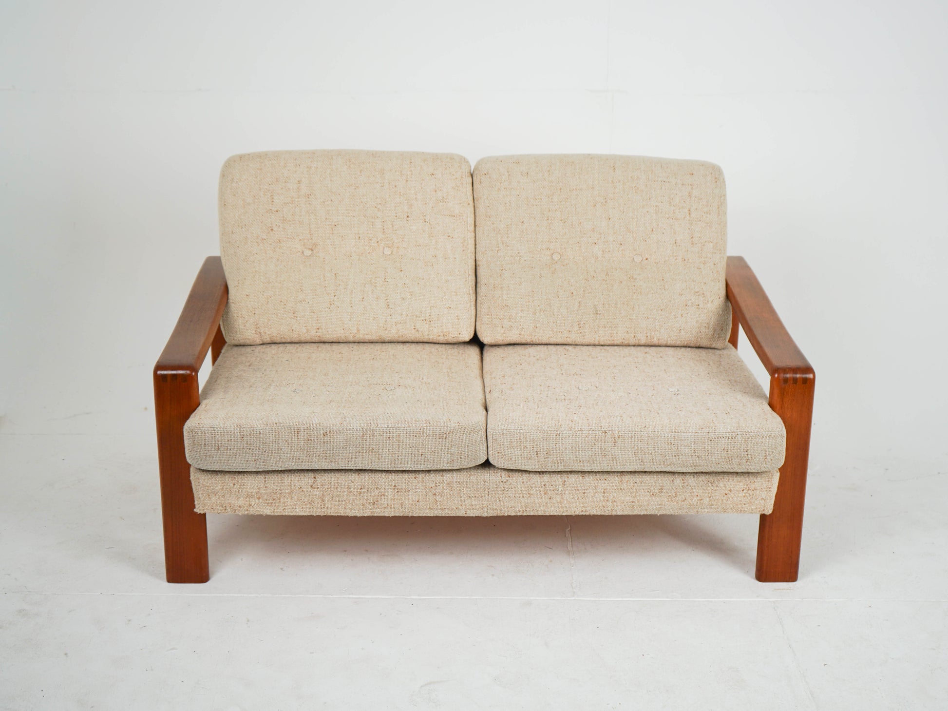 Vintage Sofa Teak Beige Mid-Century Wollstoff
