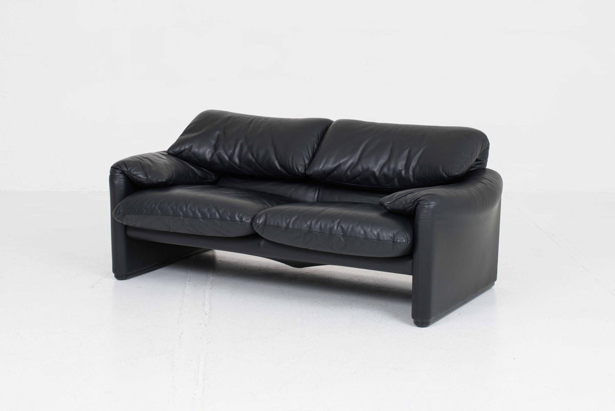 Vintage Sofa "Maralunga" von Vico Magistretti für Cassina, schwarzes Leder