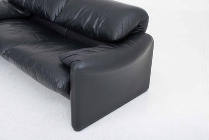 Vintage Sofa "Maralunga" von Vico Magistretti für Cassina, schwarzes Leder