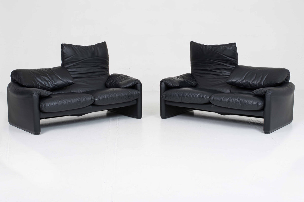 Vintage Sofa "Maralunga" von Vico Magistretti für Cassina, schwarzes Leder