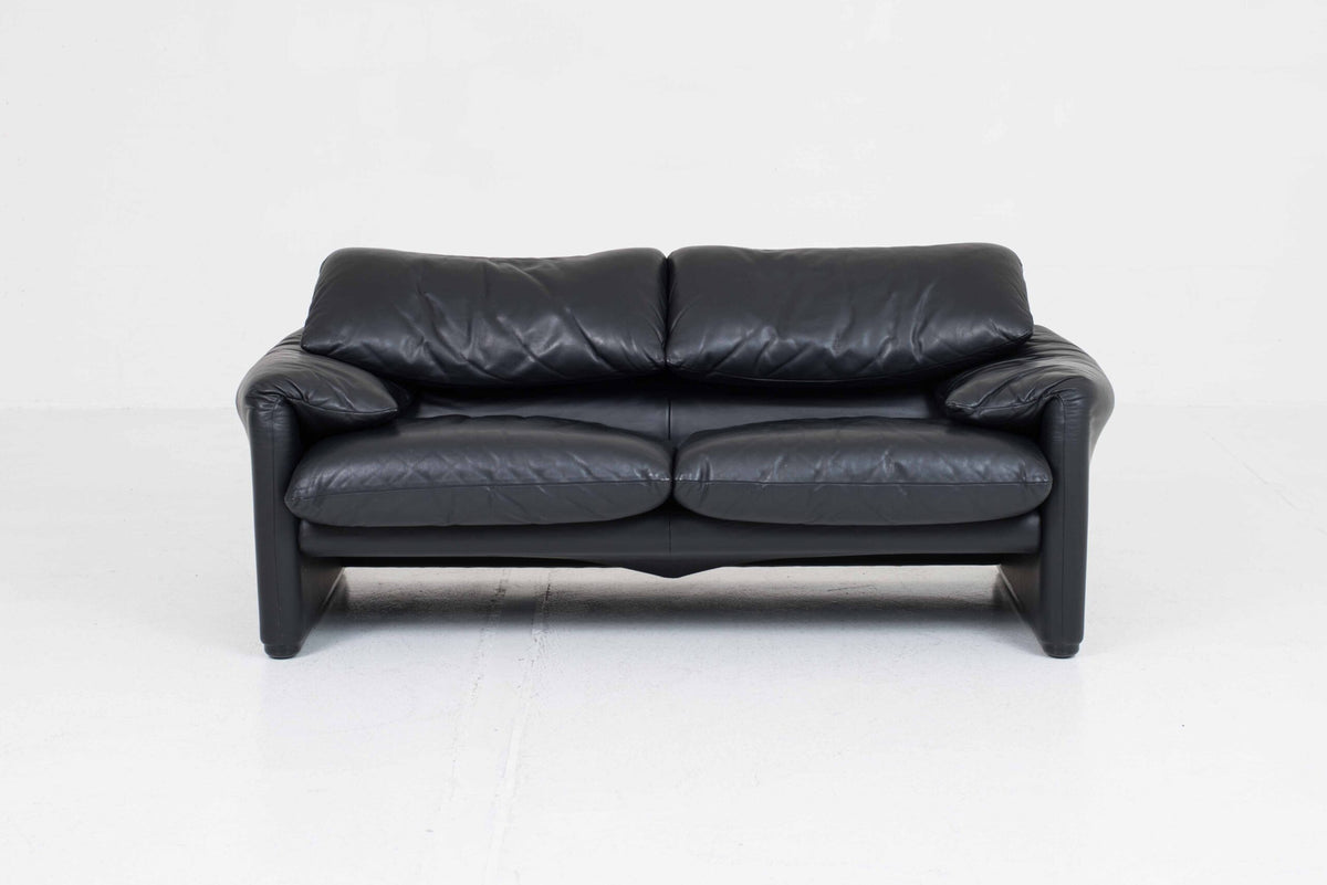 Vintage Sofa "Maralunga" von Vico Magistretti für Cassina, schwarzes Leder