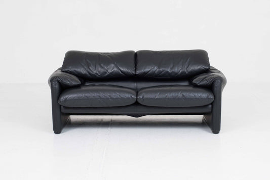 Vintage Sofa "Maralunga" von Vico Magistretti für Cassina, schwarzes Leder