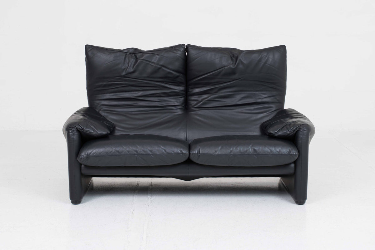 Vintage Sofa "Maralunga" von Vico Magistretti für Cassina, schwarzes Leder