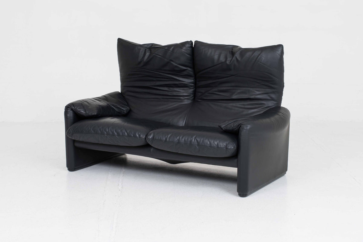 Vintage Sofa "Maralunga" von Vico Magistretti für Cassina, schwarzes Leder