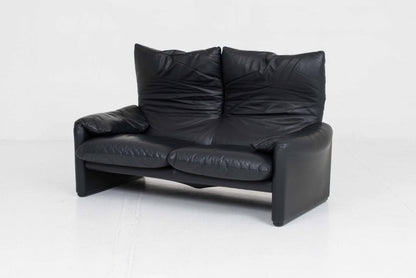 Vintage Sofa "Maralunga" von Vico Magistretti für Cassina, schwarzes Leder