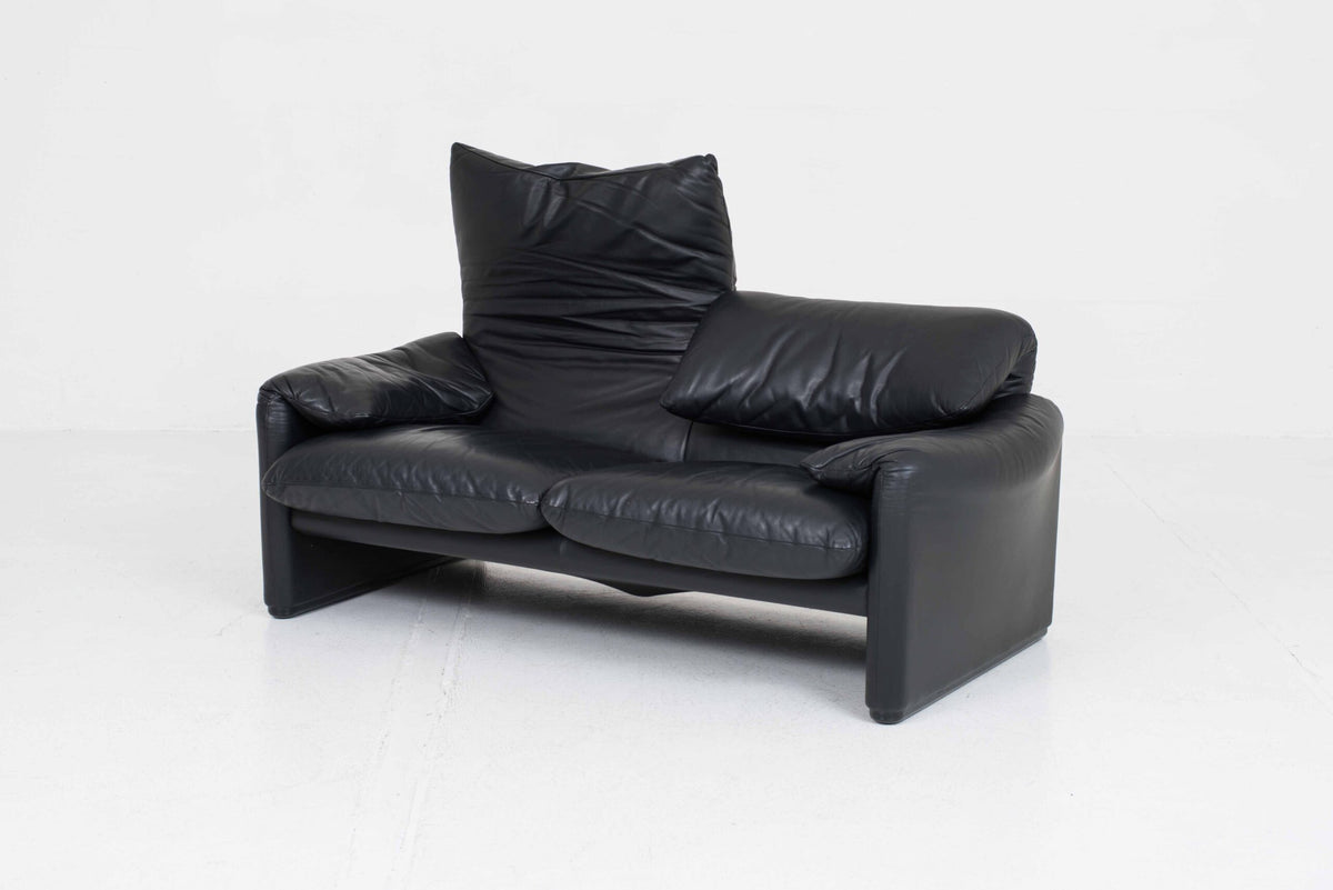 Vintage Sofa "Maralunga" von Vico Magistretti für Cassina, schwarzes Leder