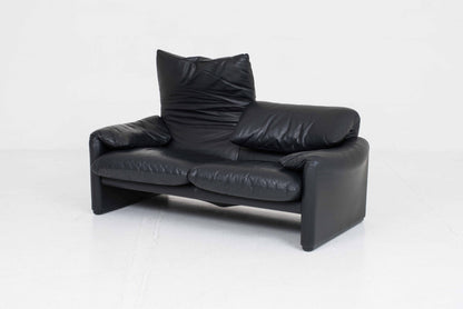 Vintage Sofa "Maralunga" von Vico Magistretti für Cassina, schwarzes Leder